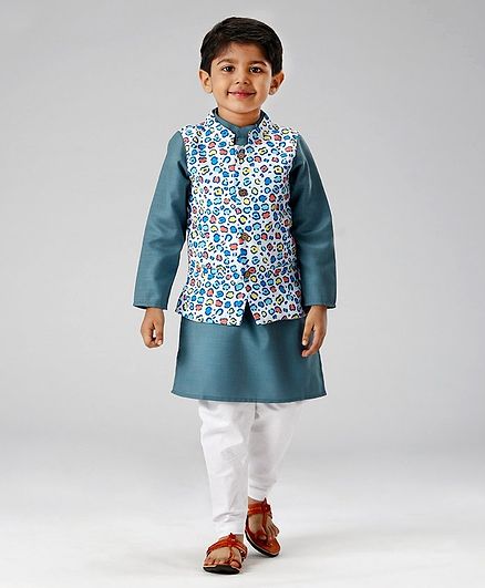 Babyoye Solid Colour Kurta & Pajama With Printed Jacket - Teal