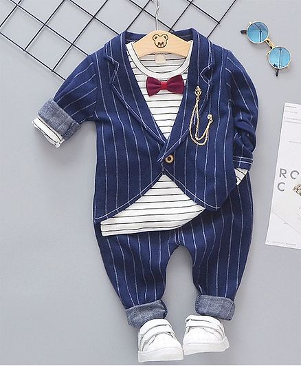 Pre Order - Awabox Full Sleeves Bow Attached Striped Tee & Pants Set With Blazer - Navy Blue