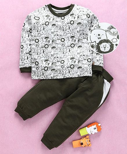 Mini Taurus Full Sleeves Tee & Bottoms Set Animal Print - Olive Green