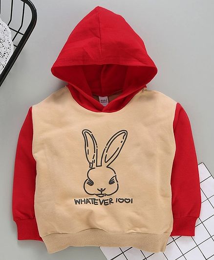 Meng Wa Full Sleeves Winter Wear Hoodie Bunny Print - Cream Red