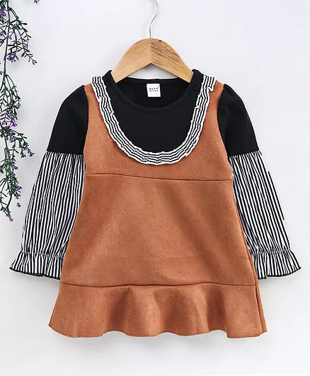 Meng Wa Full Sleeves Striped Frock - Brown