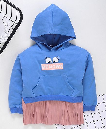 Meng Wa Full Sleeves Hooded Frock Printed - Blue