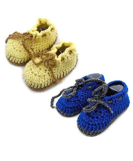 Magic Needles Pair Of 2 Handmade Crochet Solid Booties - Yellow & Blue