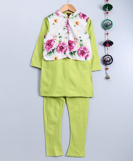 Twisha Full Sleeves Kurta With Floral Print Jacket & Pyjama - Light Green
