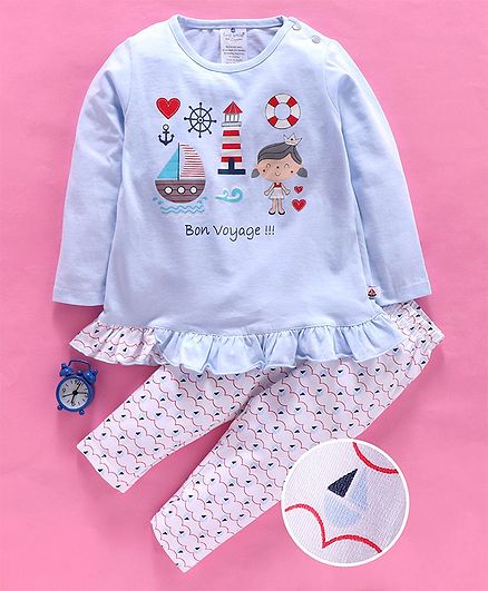 First Smile Full Sleeves Night Suit Voyage Print - Blue