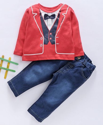 Olio Kids Full Tee & Denim Waist Coat Print - Coral Blue