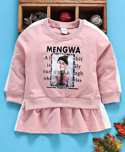 Meng Wa Full Sleeves T-Shirt Dress Graphic Print - Pink