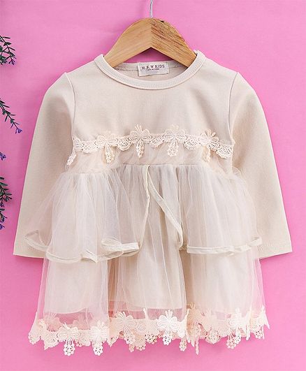 Kookie Kids Full Sleeves Frock Solid Colour - Cream