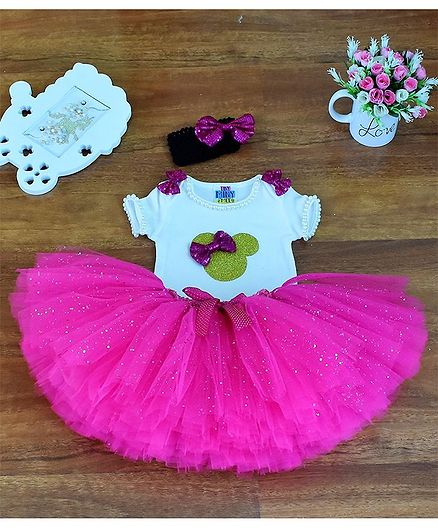 Tiny Miny Mee Mouse Print Half Sleeves Onesie With Skirt - White & Pink