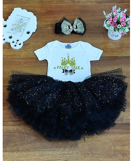 Tiny Miny Mee Fairy Tale Print Half Sleeves Onesie With Skirt - Black & White