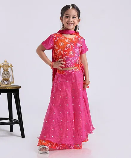 Exclusive From Jaipur Half Sleeves Choli And Lehenga With Dupatta - Orange Pink