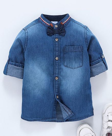 Babyhug Full Sleeves Washed Denim Shirt With Bow - Dark Blue