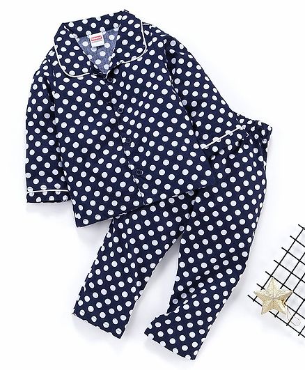 Babyhug Full Sleeves Nightsuit Polka Dot Print - Navy
