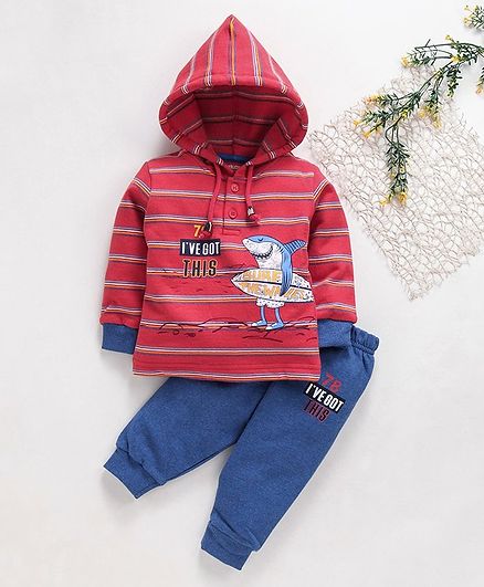 Cucumber Winter Wear Full Sleeves Hooded Tee And Bottoms Shark Print - Blue Red