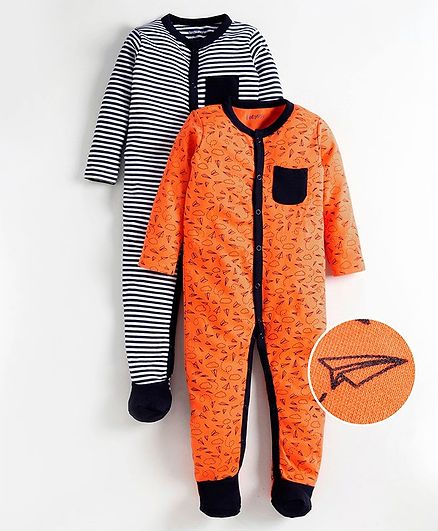 Babyoye Full Sleeves Cotton Footed Sleepsuit Cloud Print Pack of 2 - Grey Orange