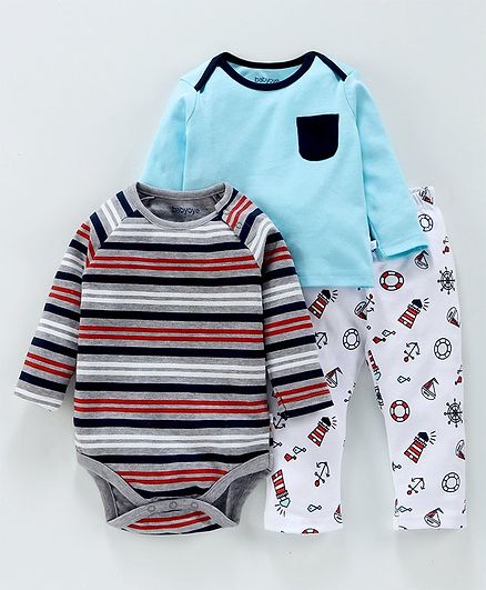 Babyoye 3 Piece Combo Set Stripes & Marine Print - Light Blue Grey