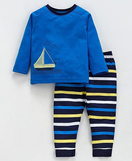 Babyoye Full Sleeves Night Suit Boat Print - Blue