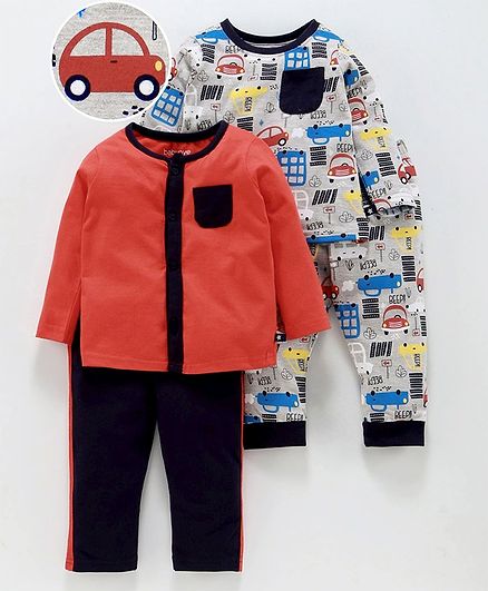 Babyoye Full Sleeves Cotton Night Suit Vehicle Print Pack of 2 - Grey Red