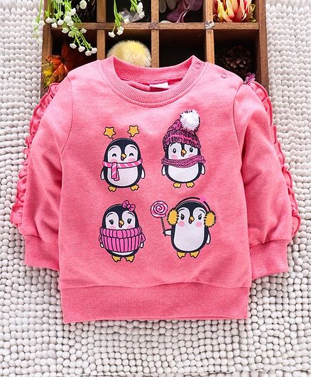 Babyhug Full Sleeves Sweatshirt 3D Applique & Penguin Print - Pink