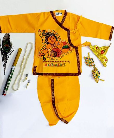 Sakhyam Krishna Theme Full Sleeves Kurta & Dhoti Set With Jewellery - Yellow