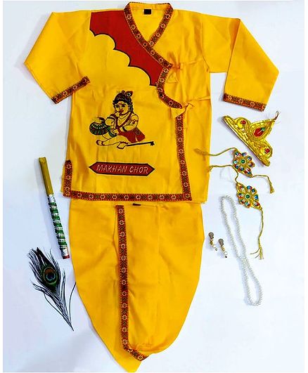Sakhyam Makhan Chor Embroidery Full sleeves Kurta & Dhoti with Jewellery Set 24 Inch - Yellow