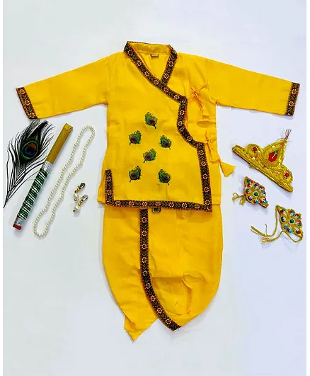 Sakhyam Mor Pankh Embroidery Full sleeves Kurta & Dhoti with Jewellery Set 24 Inch - Yellow