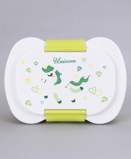 Lunch Box With Container & Fork Spoon Unicorn Print - White Green