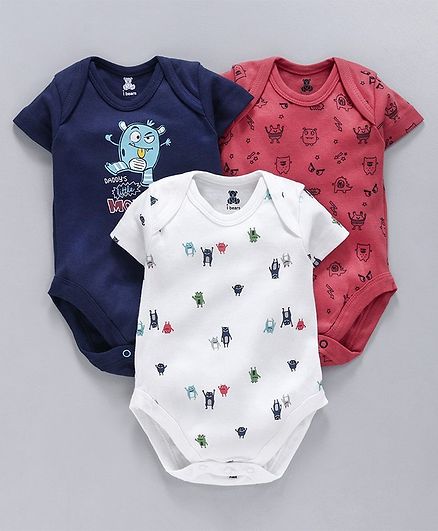 I Bears Half Sleeves Onesies Monster Print Pack of 3 - Blue Pink White