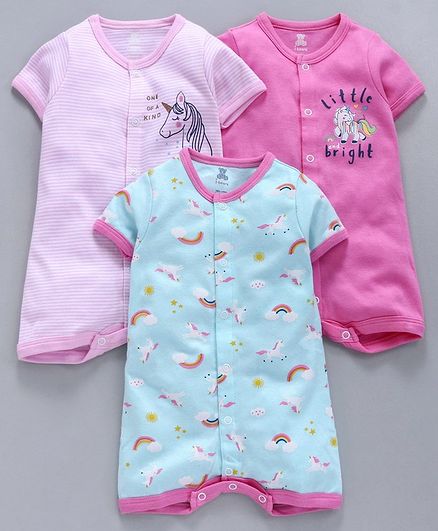 I Bears Half Sleeves Rompers Rainbows & Unicorns Print Pack of 3 - Pink Blue