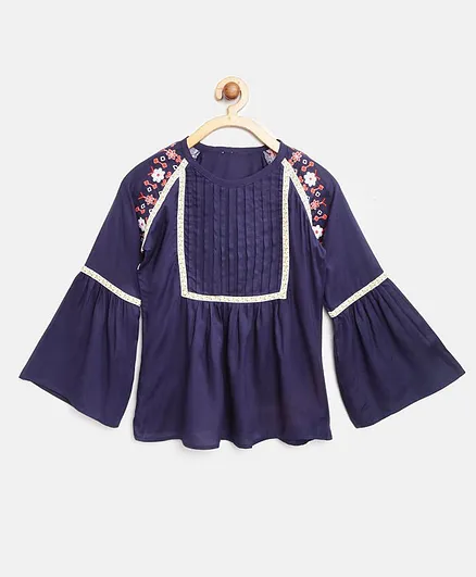 Bella Moda Pleated Flower Embroidered Full Sleeves Top - Blue