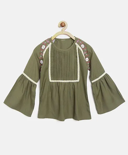 Bella Moda Pleated Flower Embroidered Full Sleeves Top - Green