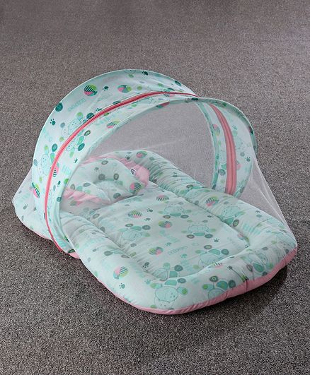 Baby Mattress With Mosquito Net & Pillow Hippo Print - Green