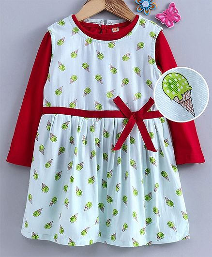 Dew Drops Sleeveless Frock With Inner Full Sleeves Tee Ice Cream Print - Green Red