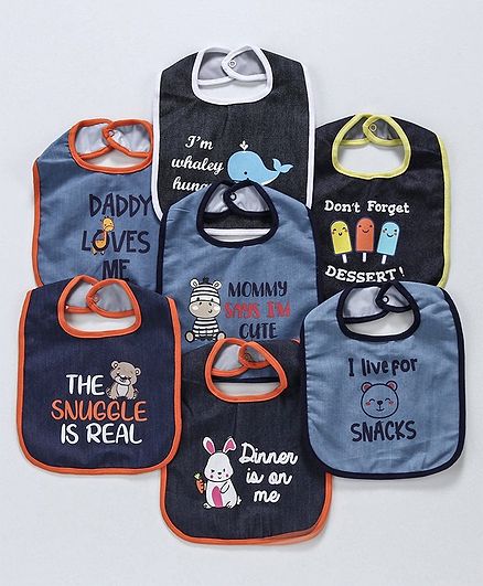Denim Bibs Animal Print Pack of 7 - Blue