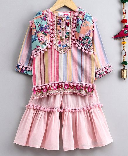 Little Bansi Full Sleeves Kurta With Flower Print Jacket & Sharara - Pink