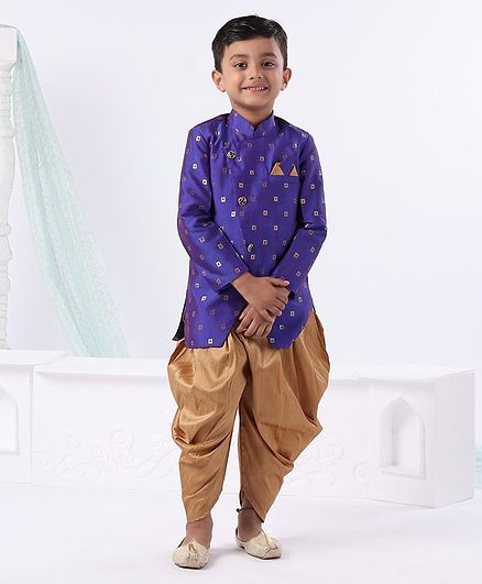 Babyhug Full Sleeves Asymmetrical Kurta & Peshawari Set Geometric Print - Royal BlueBlue