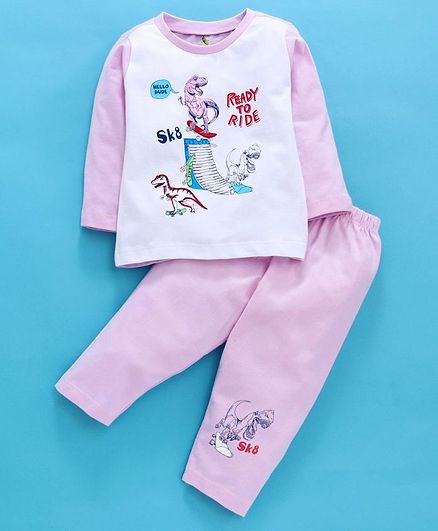 Cucumber Full Sleeves Tee & Lounge Pants Set Dinosaur Print - White Pink