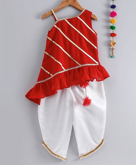 Many Frocks & Lace Detailed Sleeveless Top With Dhoti - Red
