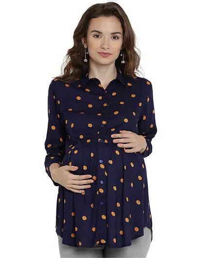 Mine4Nine Polka Dot Print Full Sleeves Maternity Top - Navy Blue