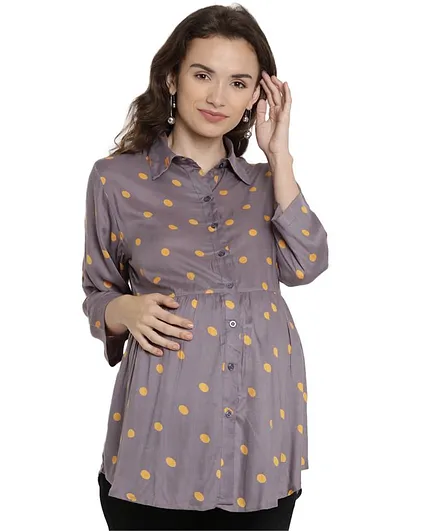 Mine4Nine Polka Dot Print Full Sleeves Maternity Top - Grey