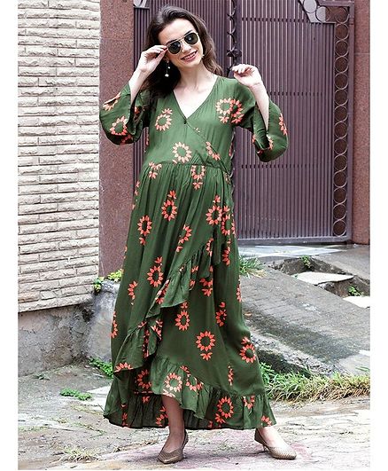 Mine4Nine Flower Print Full Sleeves Maternity Dress - Olive