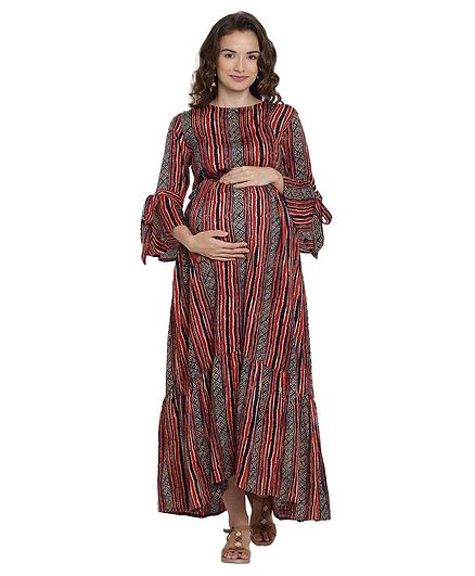 Mine4Nine Printed Full Sleeves Maternity Dress - Red