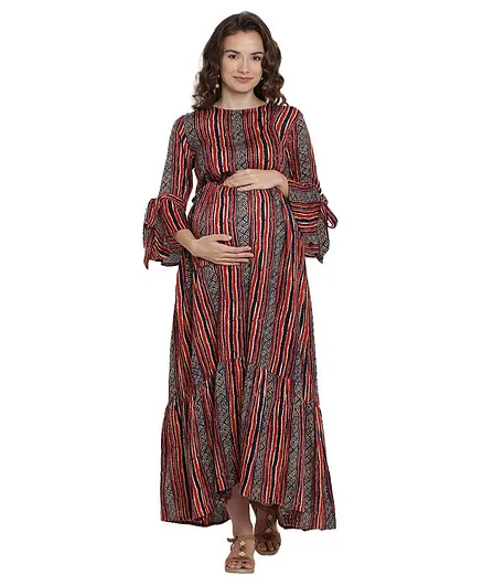 Mine4Nine Printed Full Sleeves Maternity Dress - Red