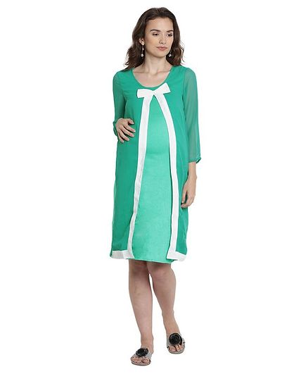 Mine4Nine Bow Detailed Three Fourth Sleeves Maternity Dress - Green