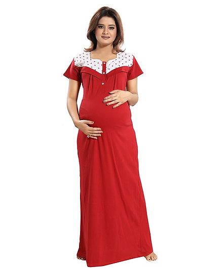 Fabme Dots Printed Half Sleeves Maternity Night Wear - Maroon