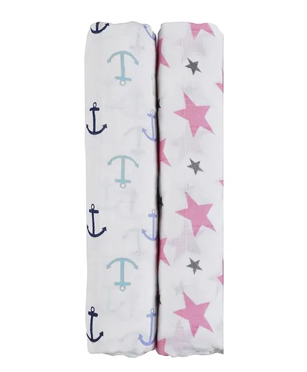 Haus & Kinder Cotton Muslin Swaddle Wrap Anchor and Twinkle Print Pack of 2 - Pink