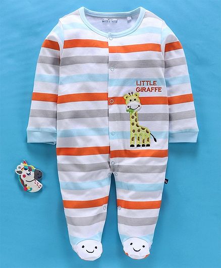 Mom's Love Full Sleeves Striped Footed Sleepsuit Giraffe Patch - White Orange