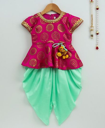 Bownbee Printed Pom Pom Decorated Peplum Short Sleeves Top With Dhoti - Pink