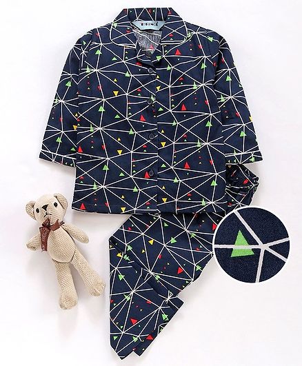 Enfance Core Full Sleeves Triangle Print Night Suit - Navy Blue