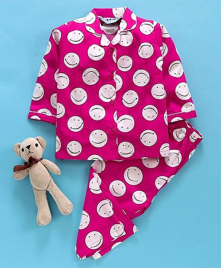 Enfance Core Smiley Print Full Sleeves Night Suit - Pink